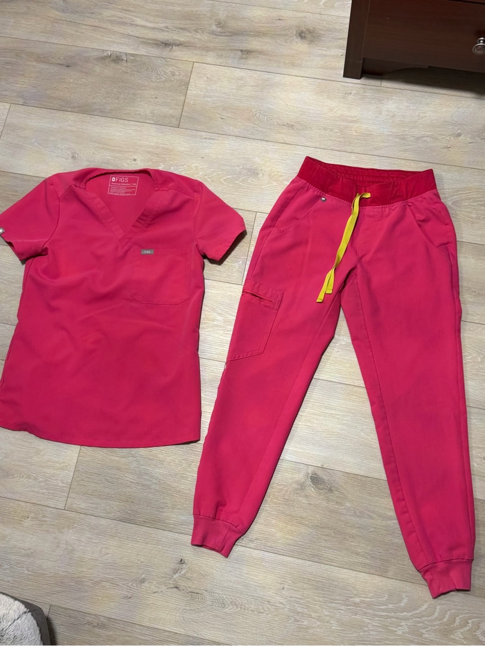 Figs Women's Hot Pink Scrub Top and Jogger Pants with Yellow Drawstring